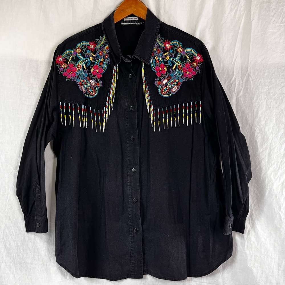 Vintage 90s Beaded Embroidered Black Cotton Western Coastal Cowgirl XL Rodeo Top
